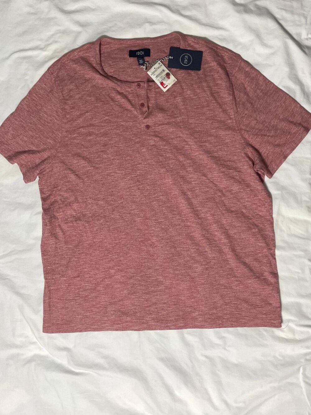 NWT Mens Sz 2XL 1901 Top Red Earth Marl (Pink Heather) Henley Short Sleeve Shirt